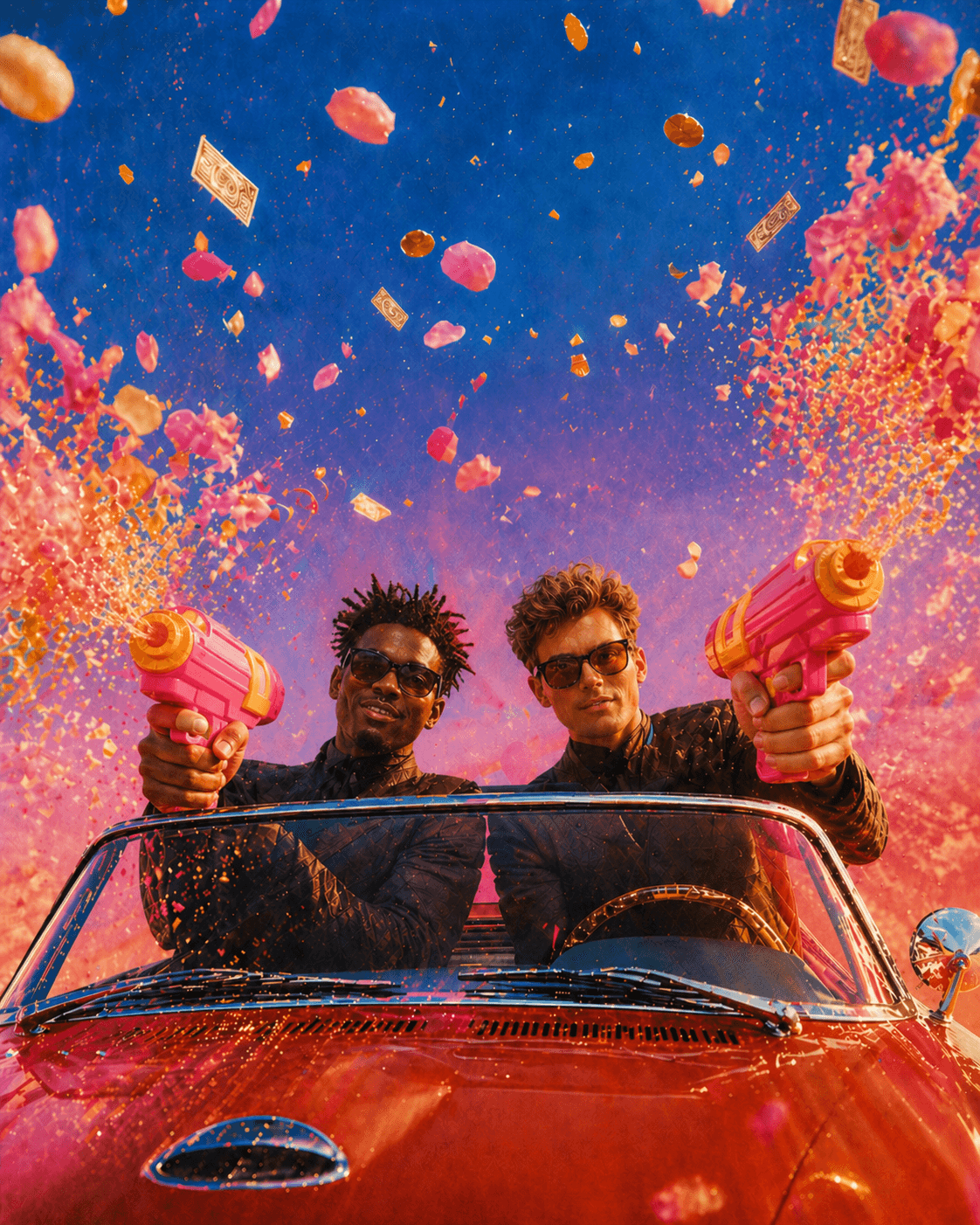 Two stylish professionals in a vintage car firing glowing flower petals from water guns, symbolizing the polite but relentless automated collection cadence.