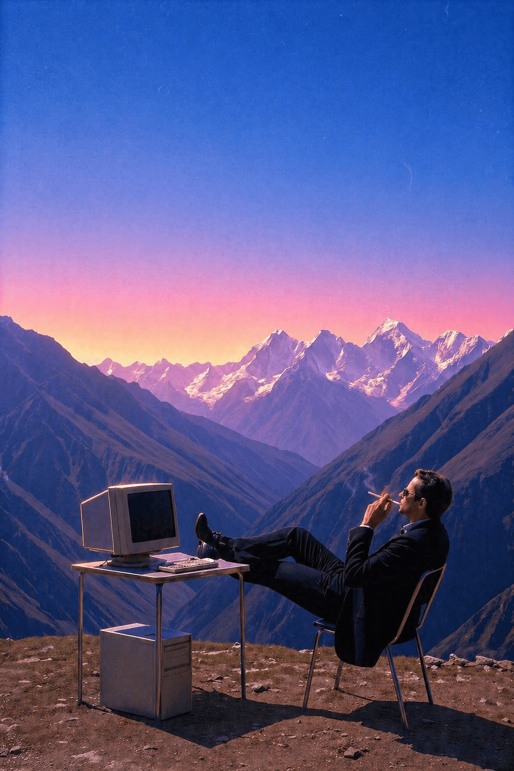 Cinematic surreal representation of a business owner relaxing on a mountain peak, representing the peace of mind provided by Apex Recovery specialists.