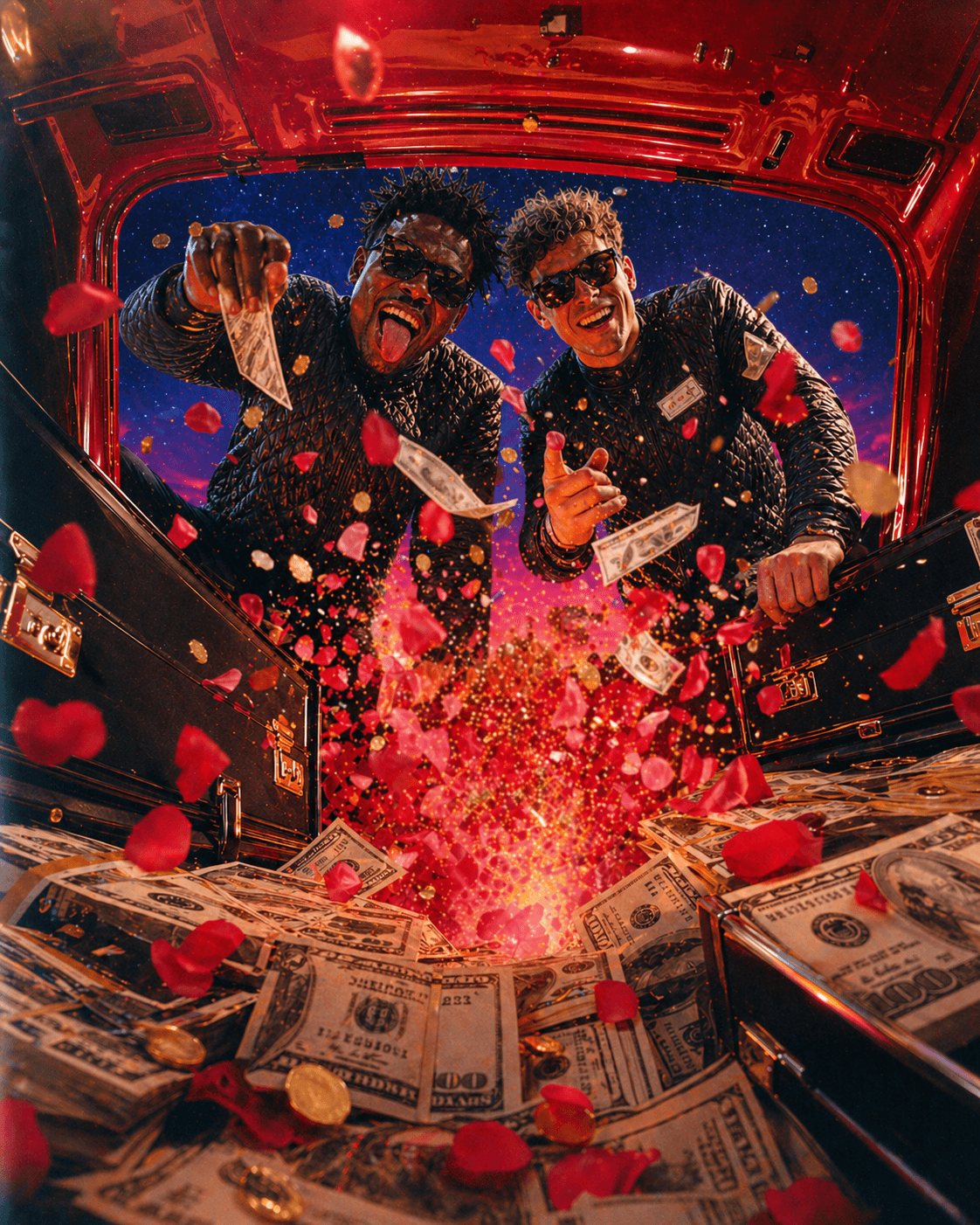 Cinematic view from inside a car trunk glowing with recovered currency and confetti, representing a successful debt recovery by Apex.