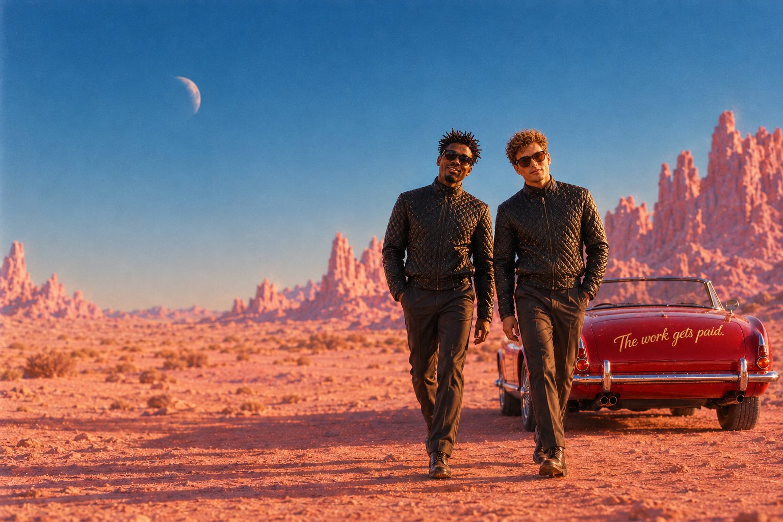 The two WolfX characters walk away from a red convertible in a pink desert. Its boot reads: The work gets paid.
