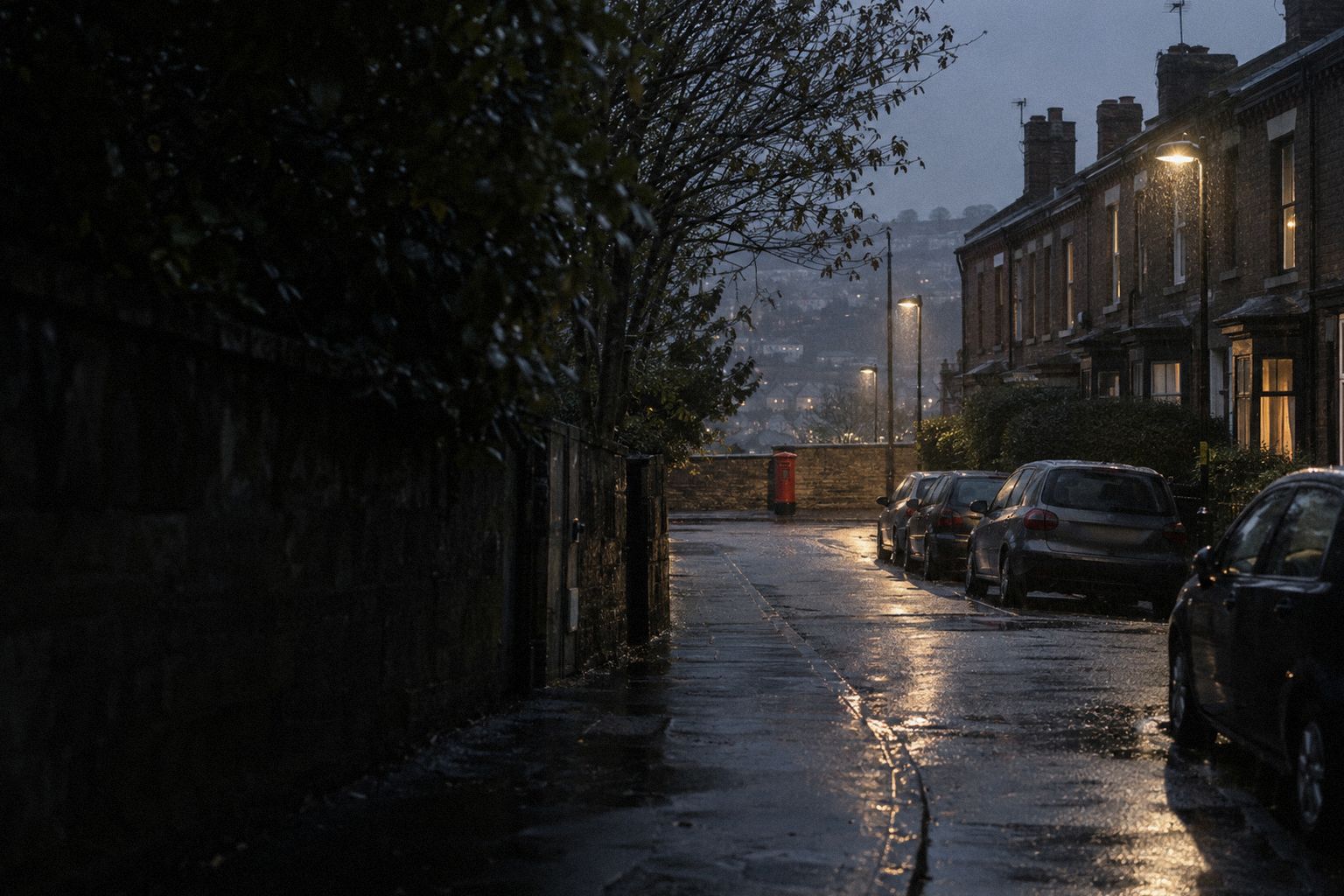 A red postbox at the end of a terraced street at dusk, in the rain.