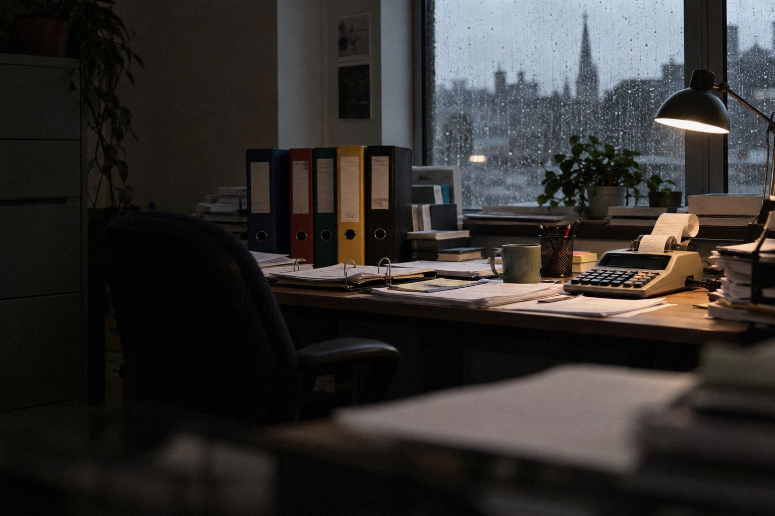 An accountant's desk at year end, box files and an adding machine under a lamp.