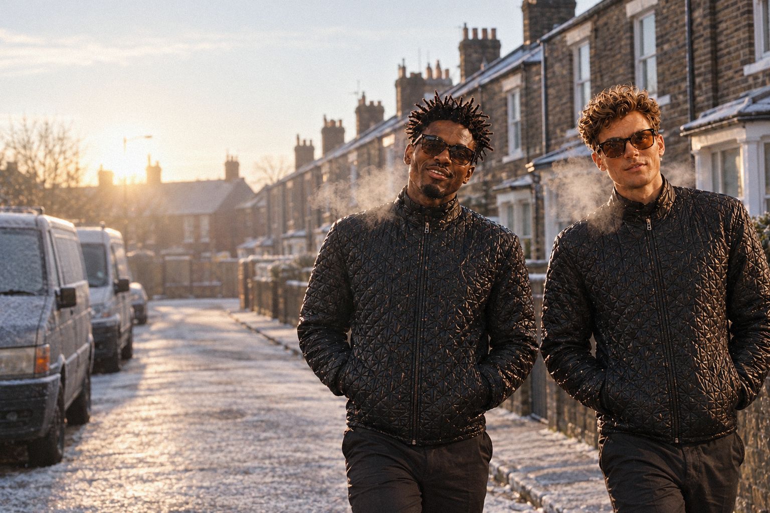 The two WolfX characters walk down a frosty terraced street on a winter morning.