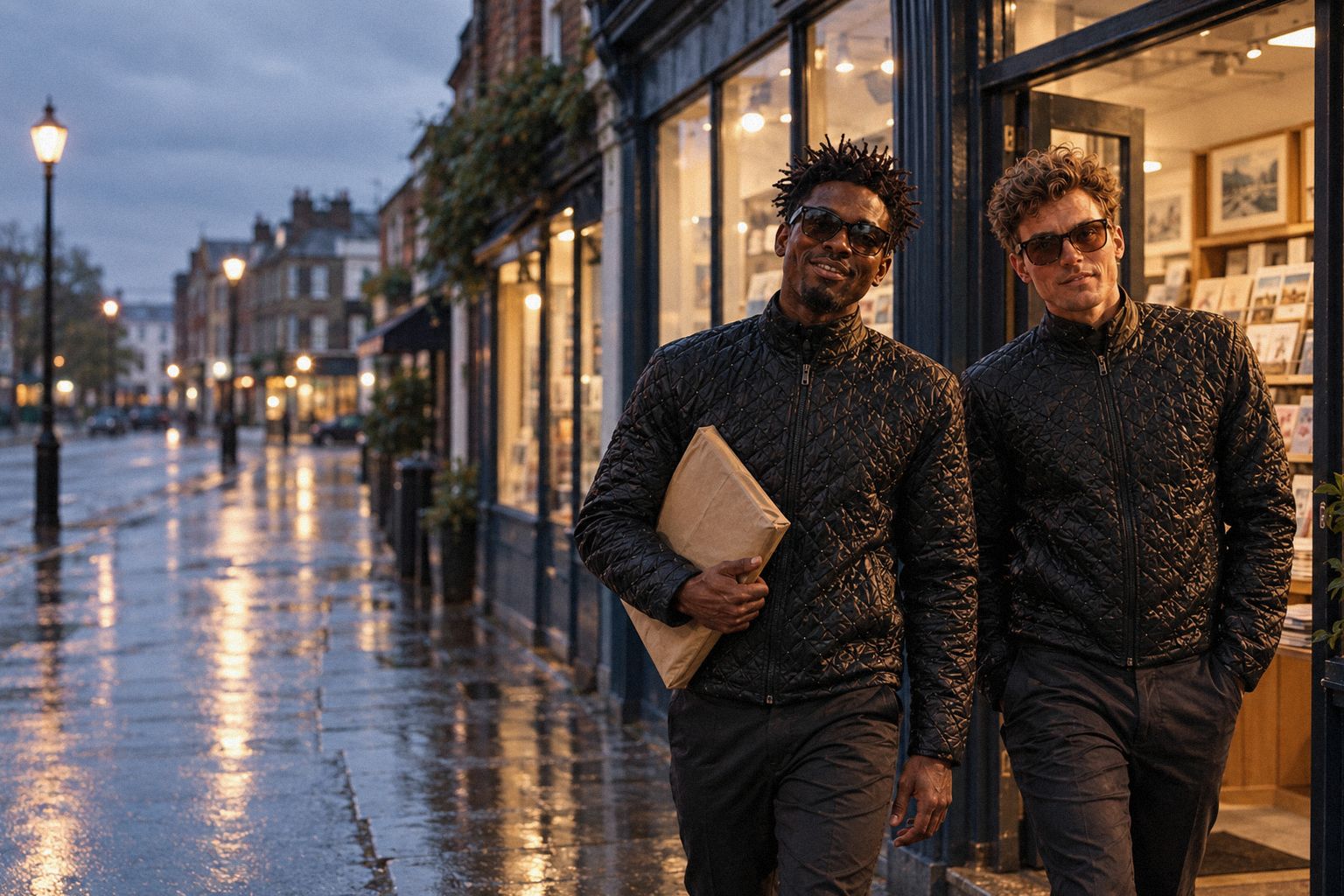 The two WolfX characters leave a print shop on a wet high street, one carrying a parcel.