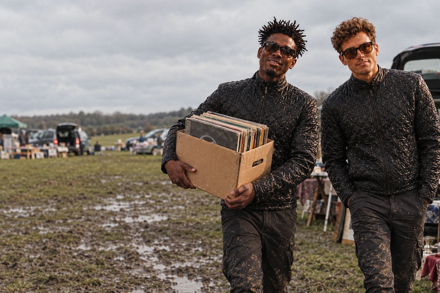 The two WolfX characters walk out of a car boot sale with a box of old records.