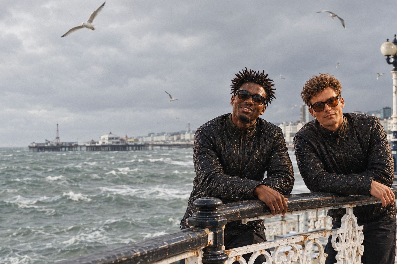 The two WolfX characters lean on a pier railing in Brighton on a windy afternoon.