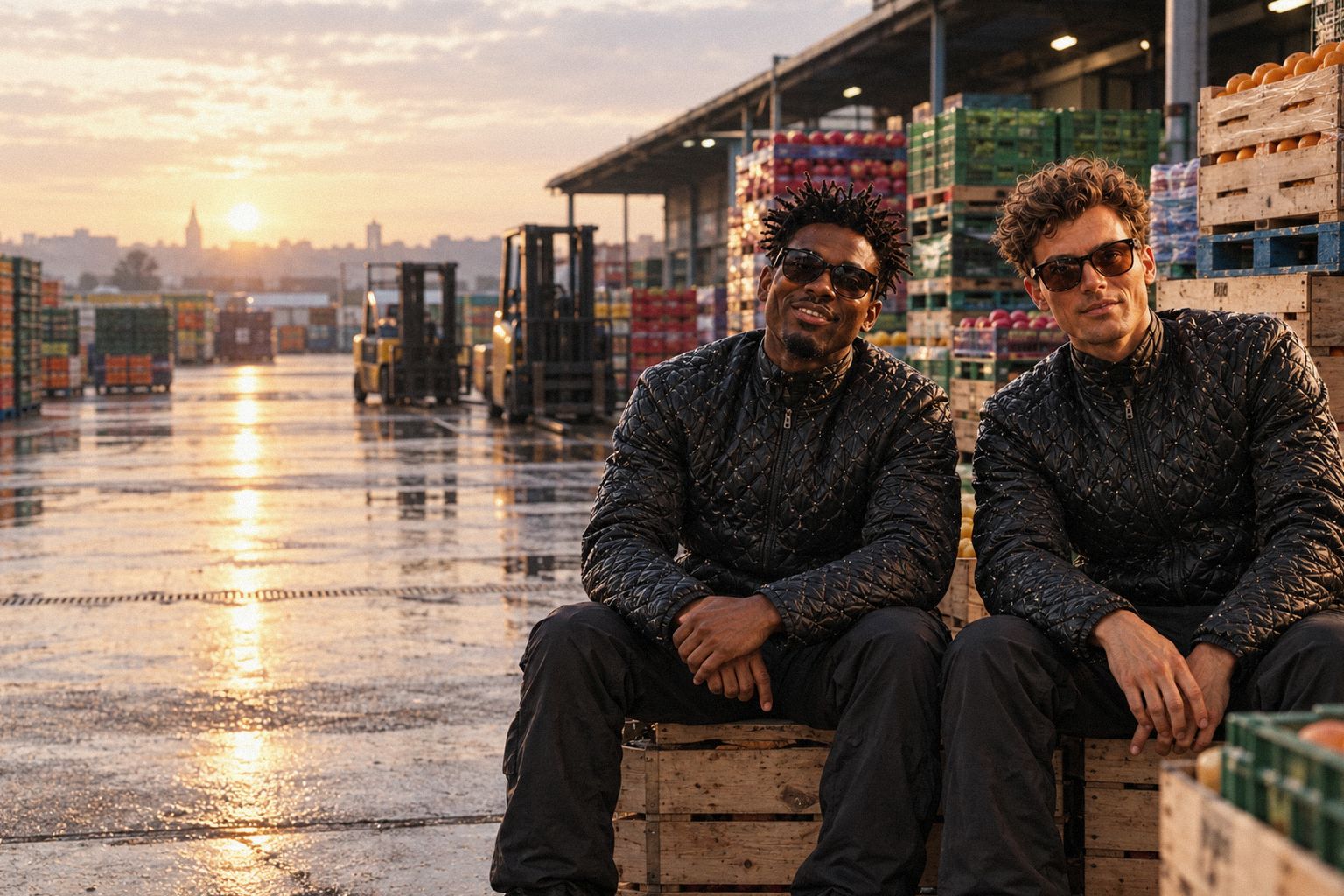 The two WolfX characters walk through a wholesale market at dawn between stacked crates.