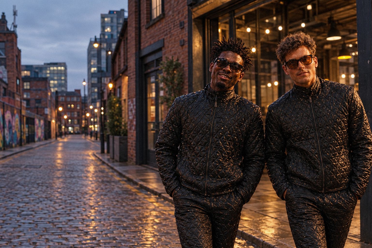 The two WolfX characters walk out of a converted warehouse onto a cobbled street at dusk.