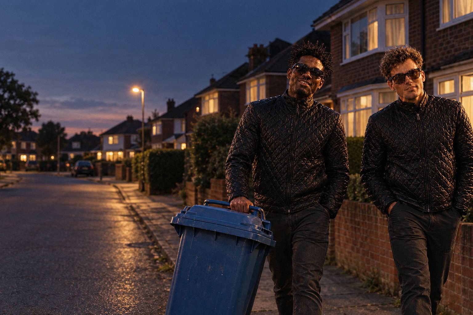 The two WolfX characters walk down a suburban street at night past glowing front windows.