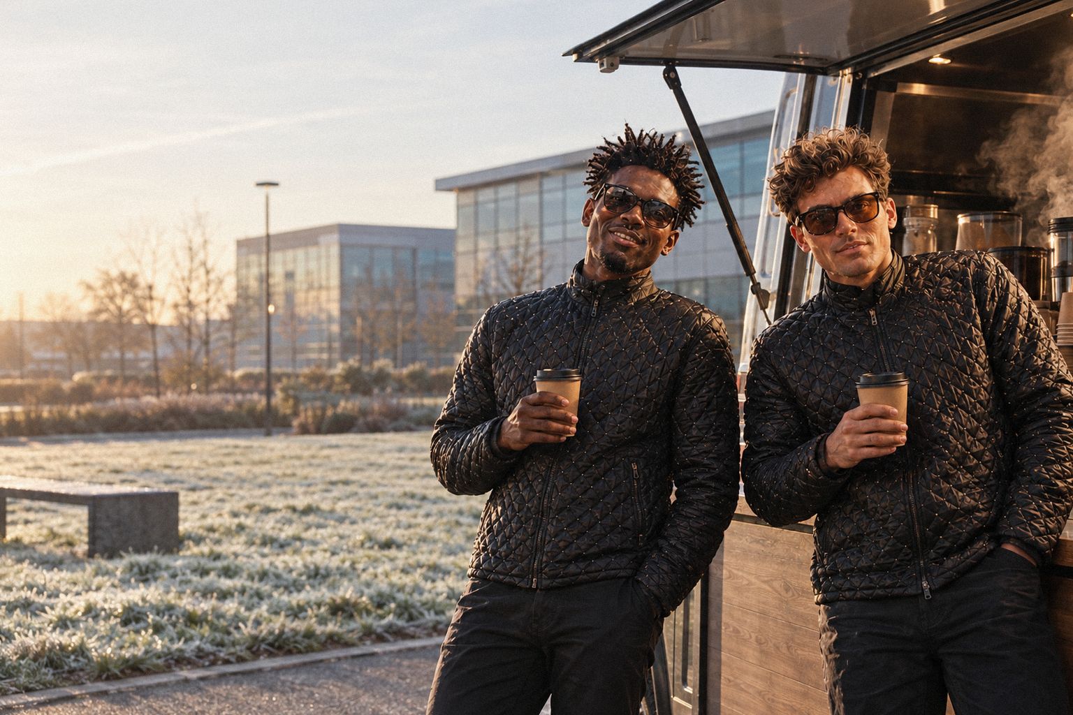 The two WolfX characters wait at a coffee van on a business park at 8am.