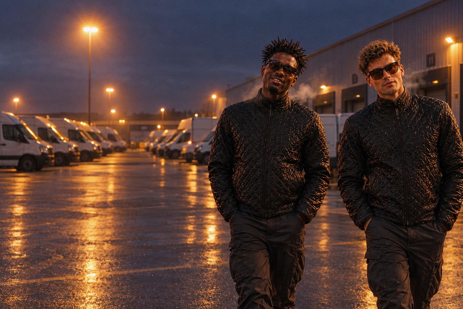 The two WolfX characters walk through a parcel depot yard at 5am among white vans.
