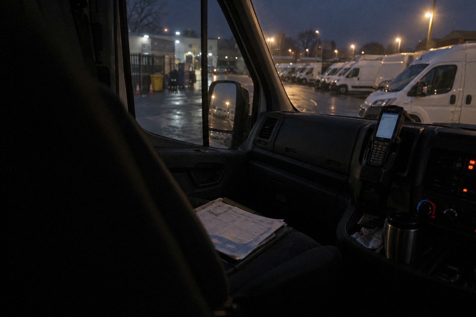 A courier's van cab at 5am in a depot yard, a delivery note on the seat.