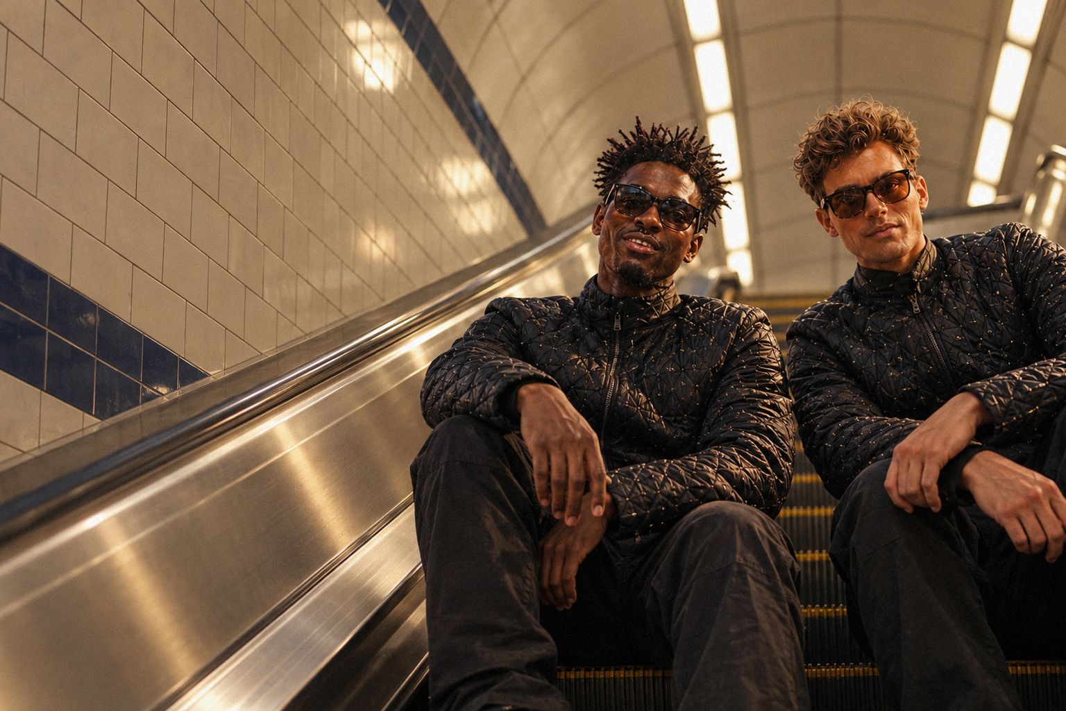 The two WolfX characters ride an Underground escalator in London.
