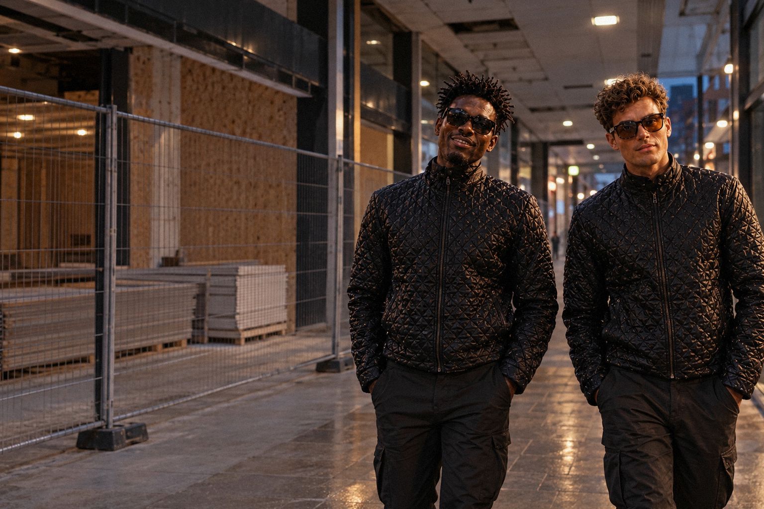 The two WolfX characters walk past a shop being fitted out in an arcade at night.