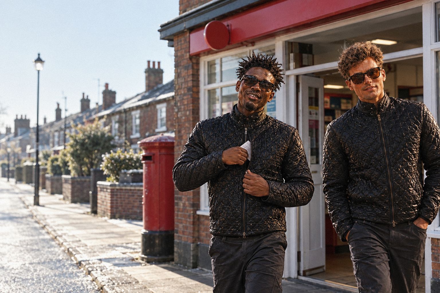The two WolfX characters leave a small post office on a cold morning.