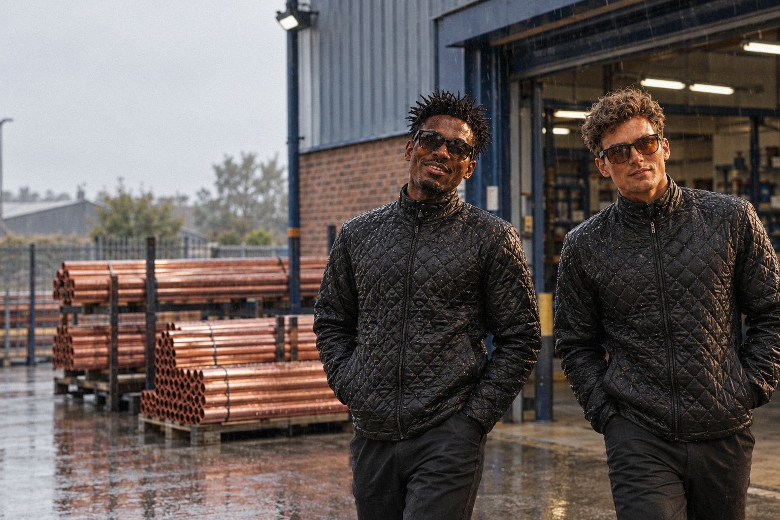 The two WolfX characters walk past a plumbers' merchant on a rainy morning.