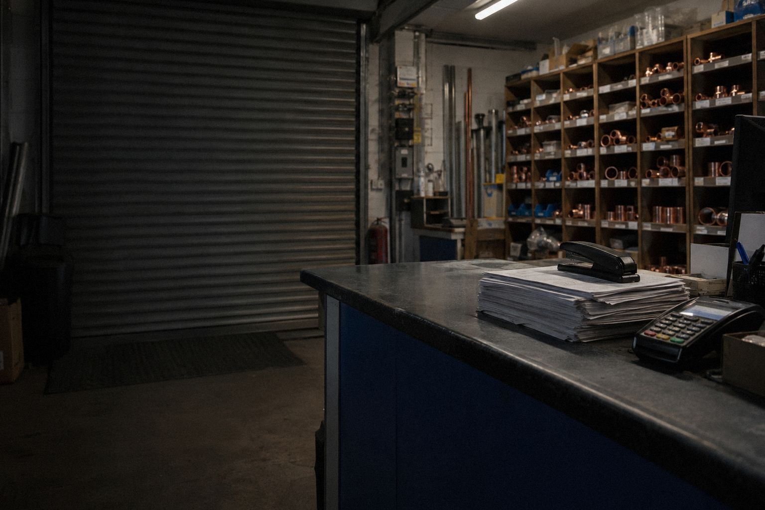 A plumbers' merchant counter after hours, delivery notes under a stapler.