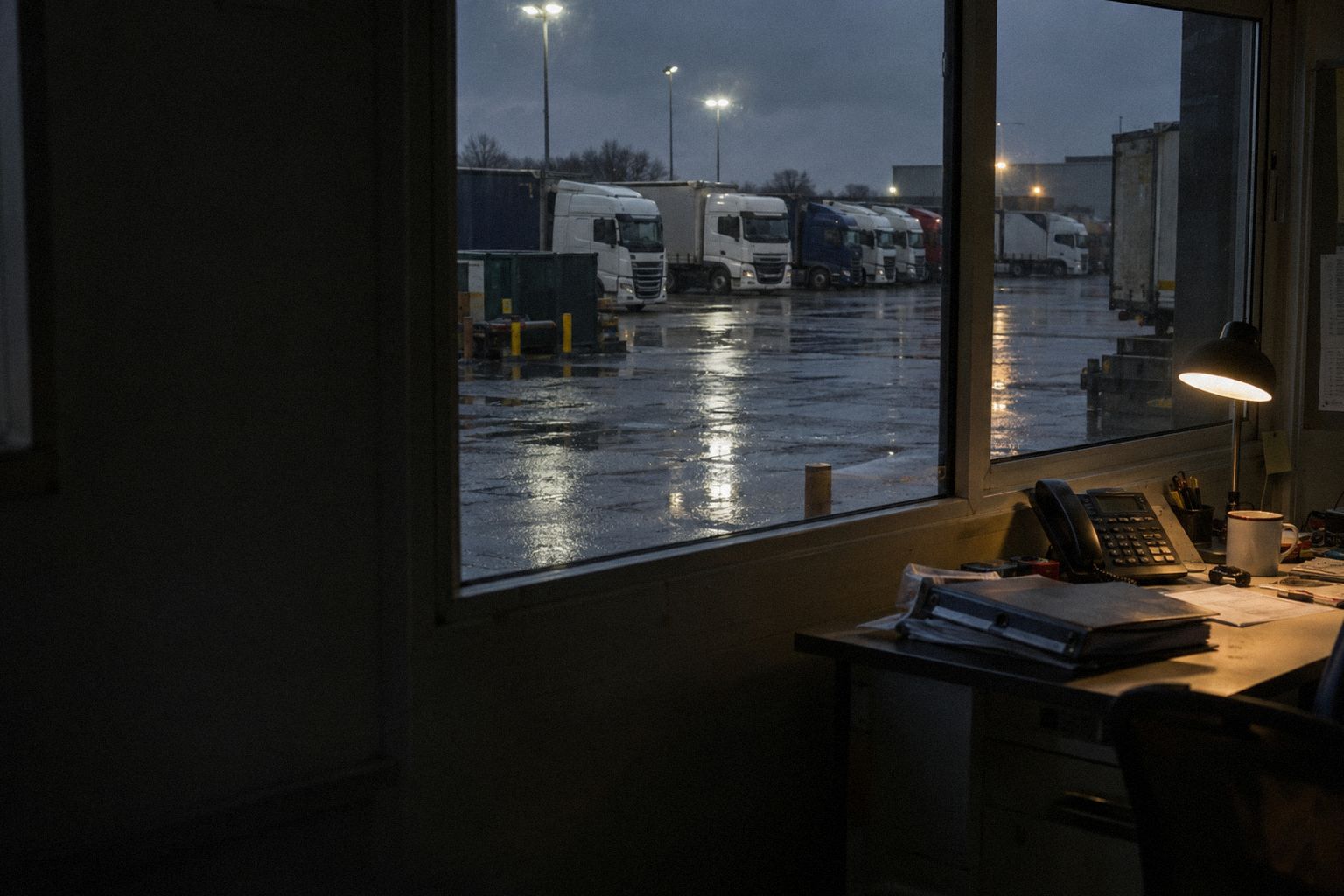 A haulage yard at dusk through the office window, lorries parked in a row.
