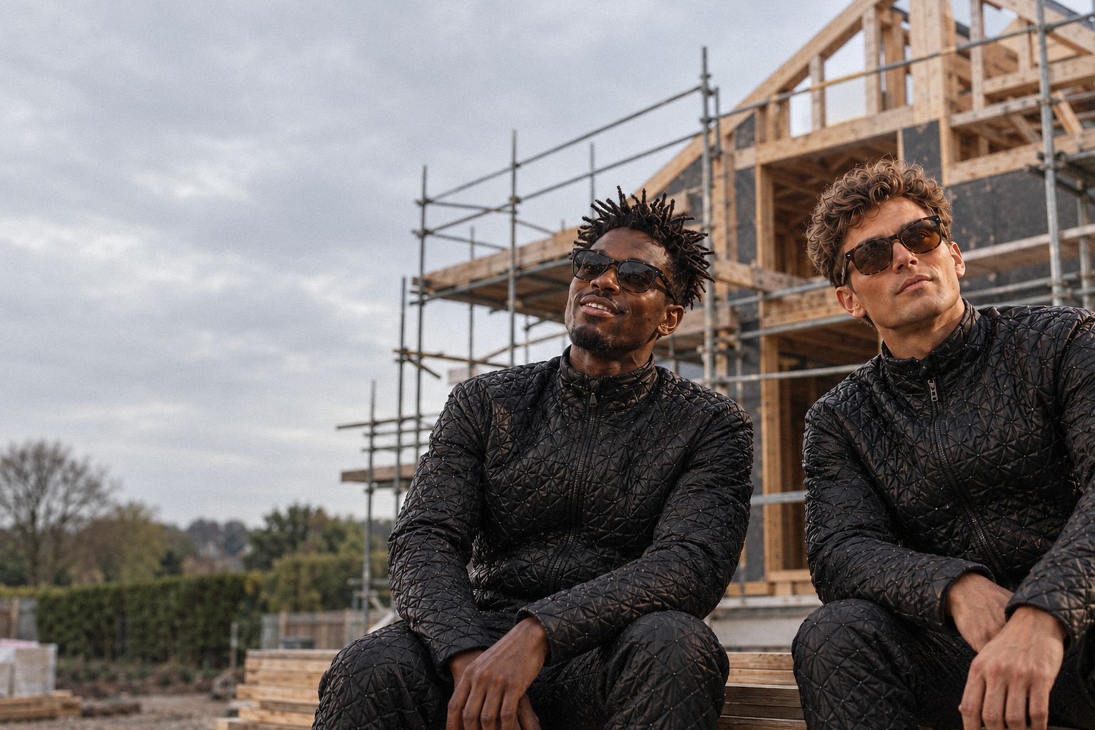 The two WolfX characters look up at a half-built house wrapped in scaffolding.
