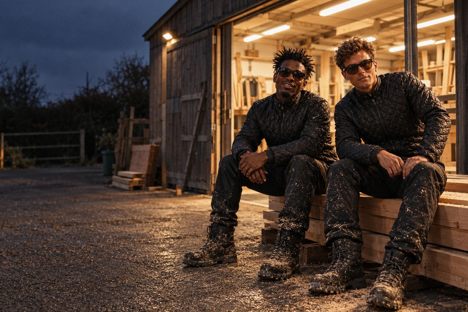 The two WolfX characters walk out of a lit joinery workshop at night.