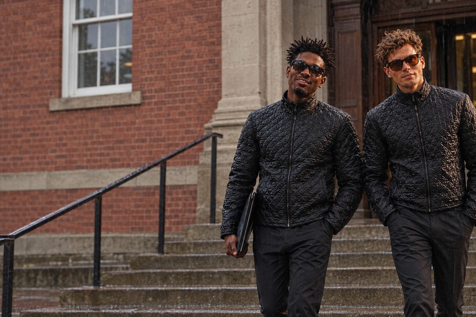 The two WolfX characters walk down the steps of a court building in the rain.