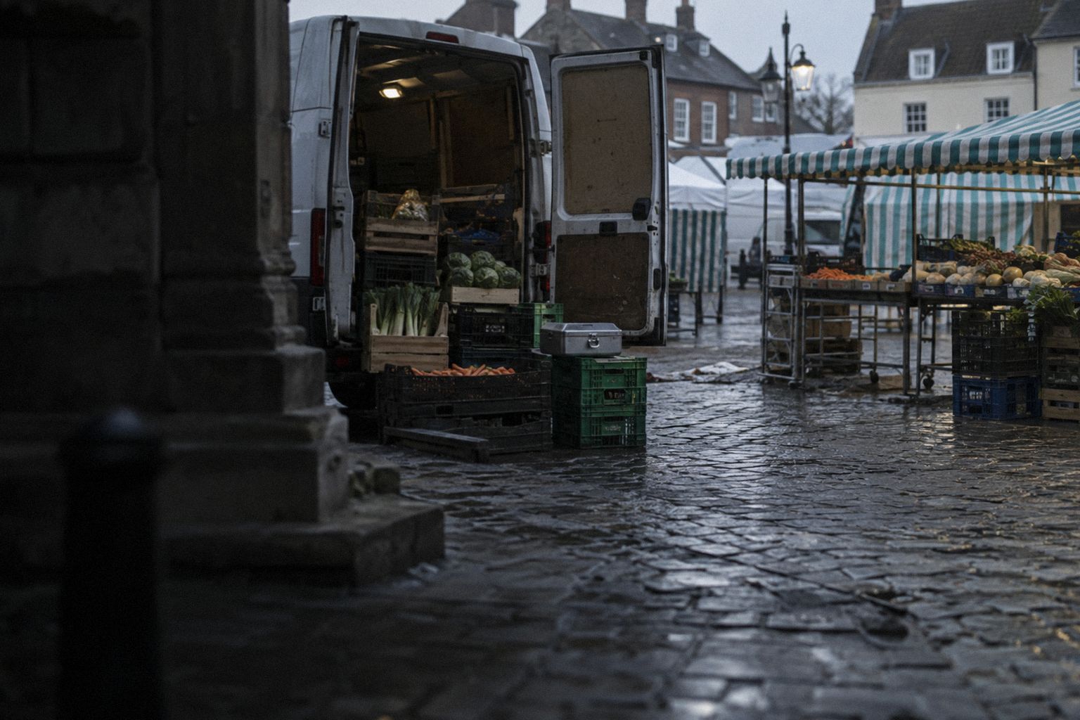A market trader's van at 6am, back doors open, a cash box on a crate.