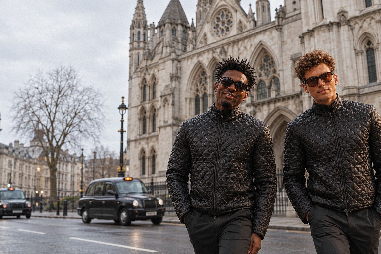 The two WolfX characters walk past the Royal Courts of Justice on a grey morning.