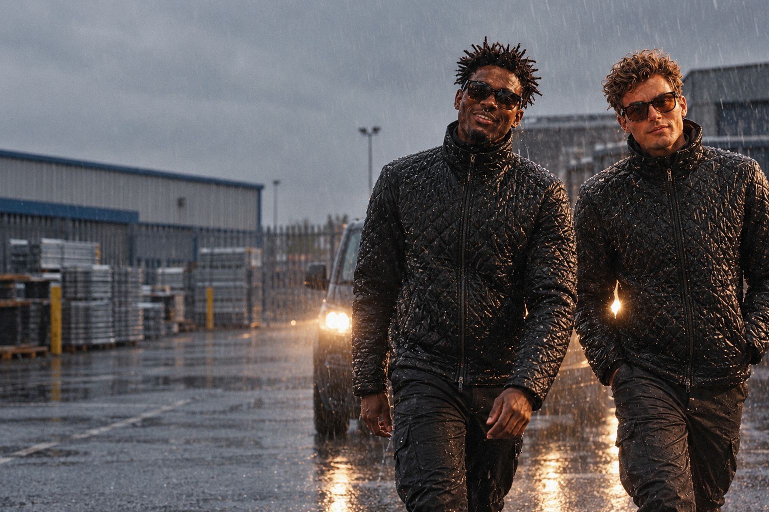 The two WolfX characters walk out of a merchant's car park in heavy rain.
