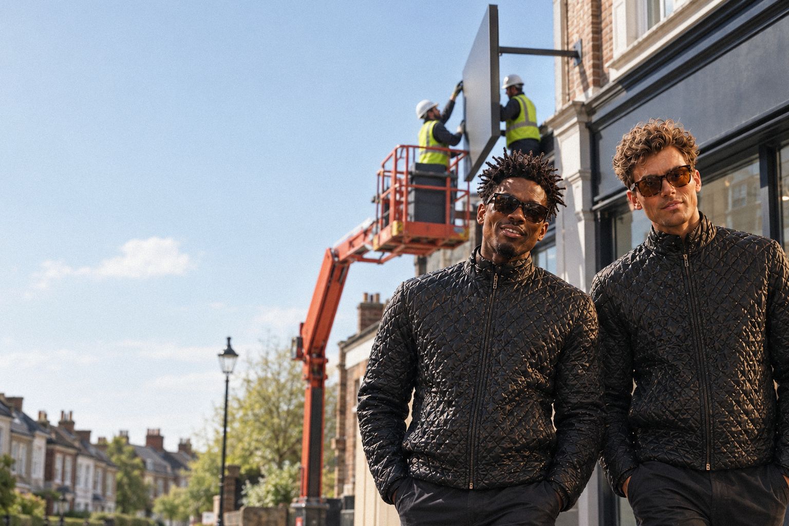 The two WolfX characters walk past a shop sign being lifted into place.