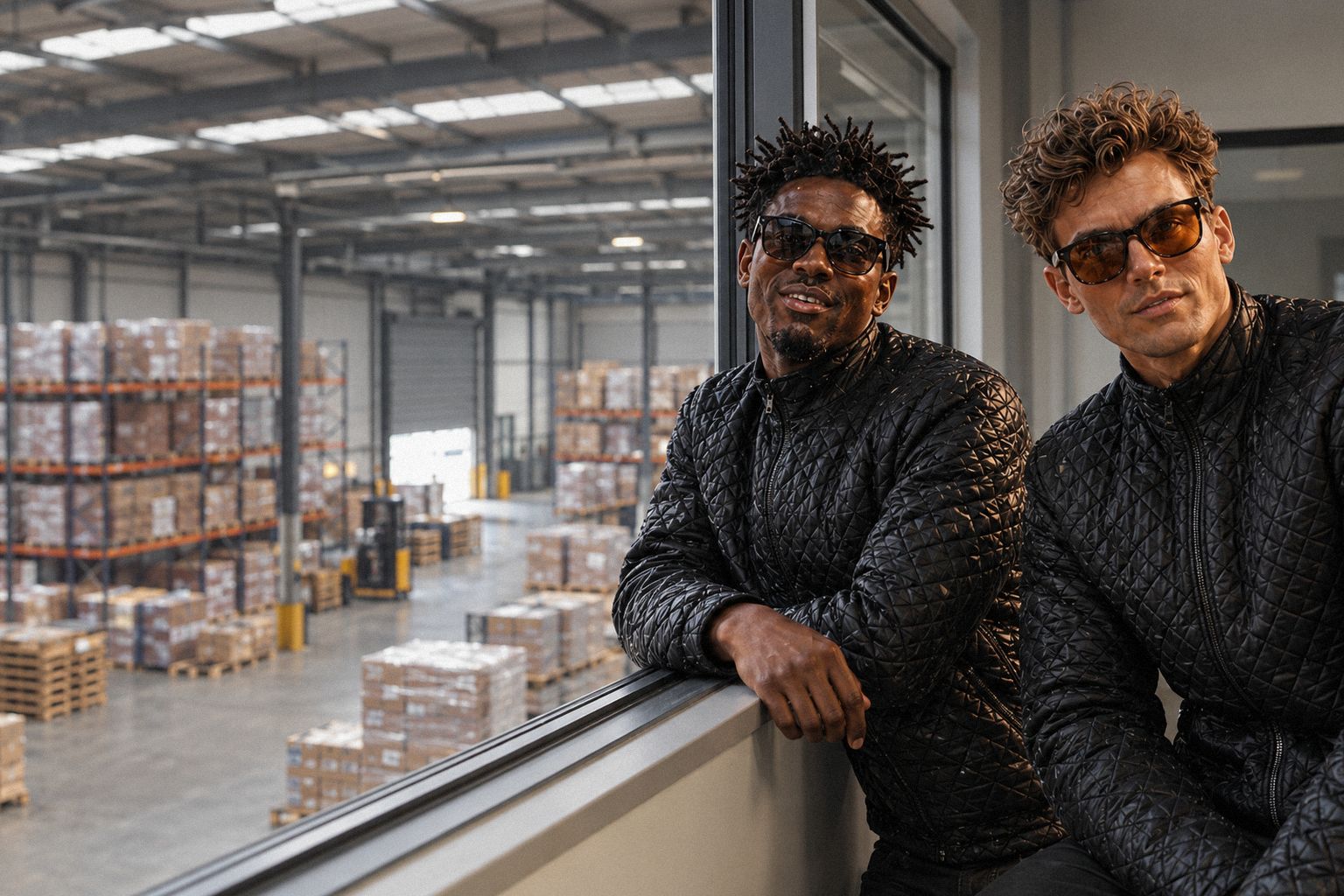 The two WolfX characters look down on a warehouse floor from an office window.