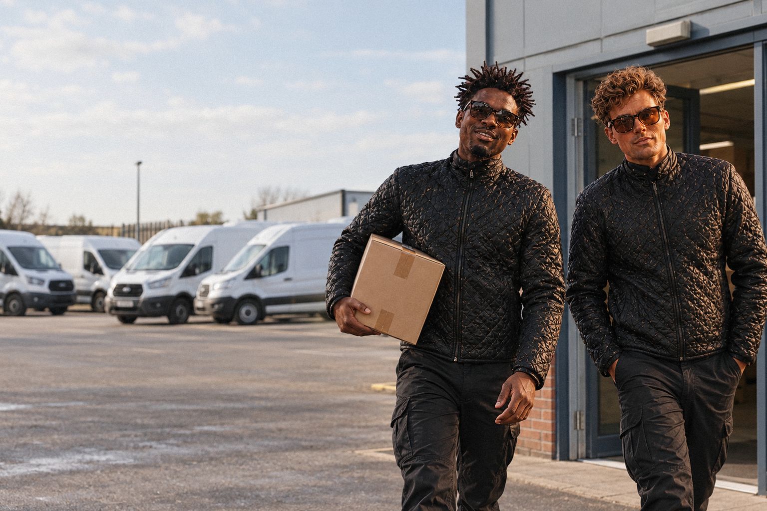 The two WolfX characters walk out of a courier depot into a yard of vans.