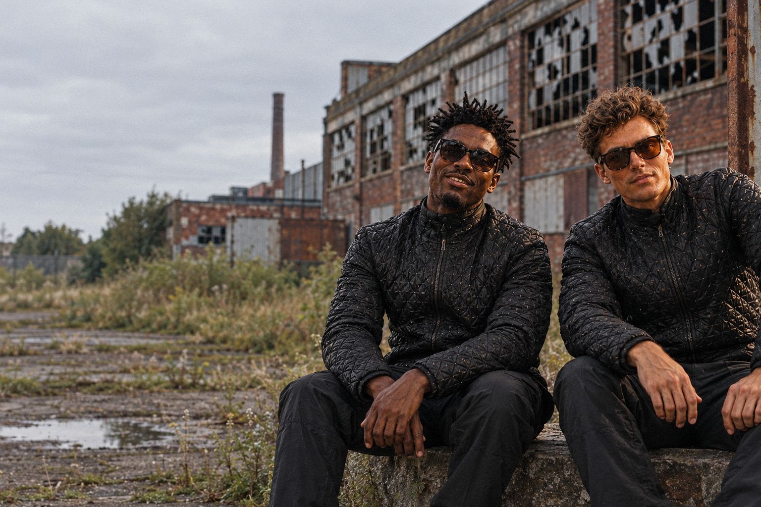 The two WolfX characters walk past a closed-down factory on a grey afternoon.
