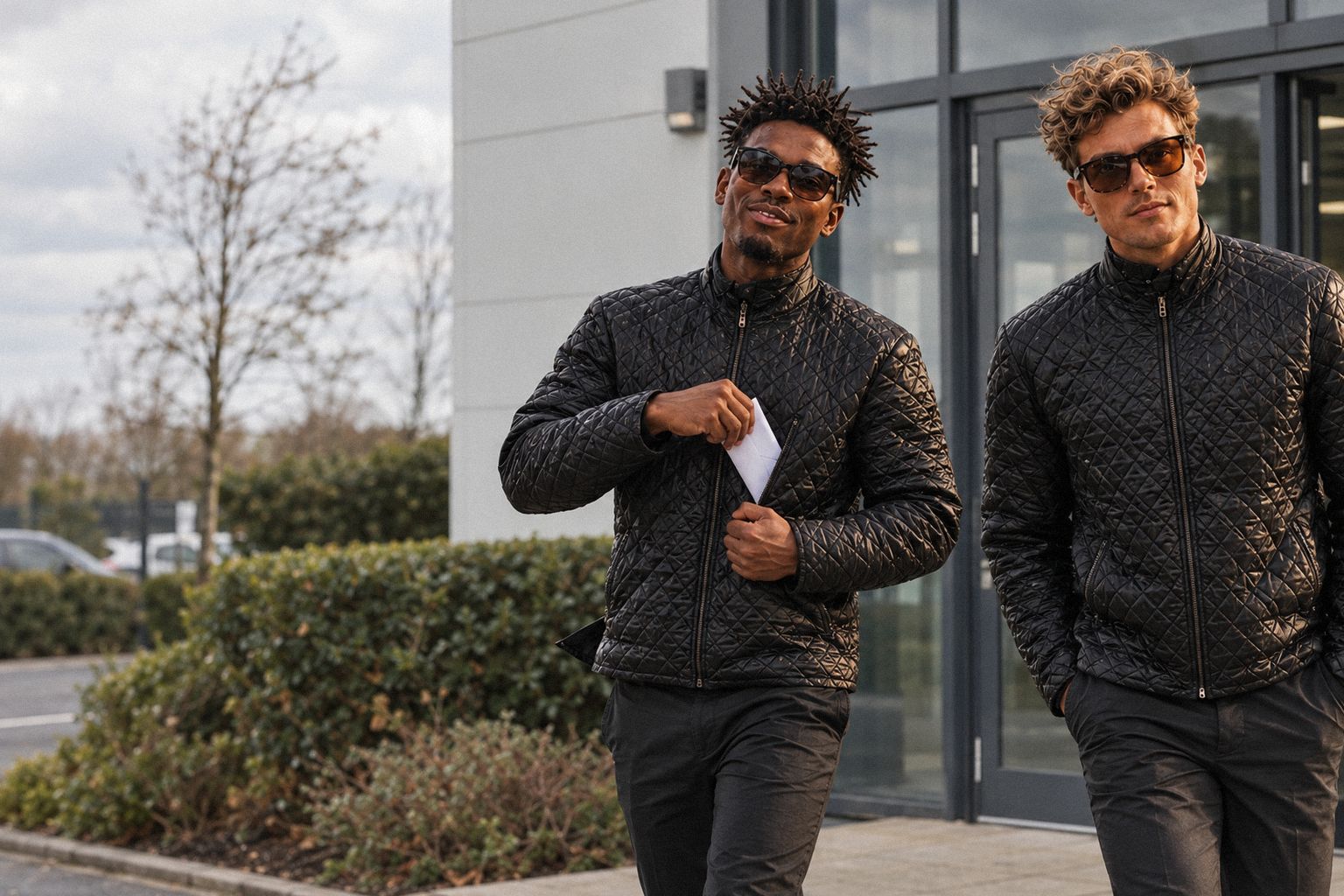 The two WolfX characters leave a business-park office building on a windy day.