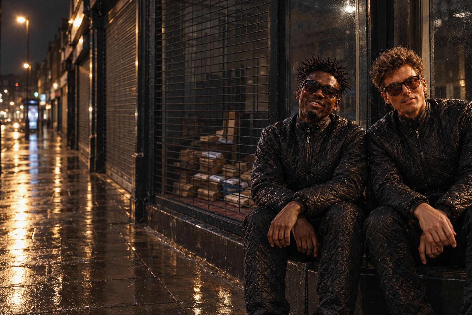 The two WolfX characters walk past an empty, locked shop at night.