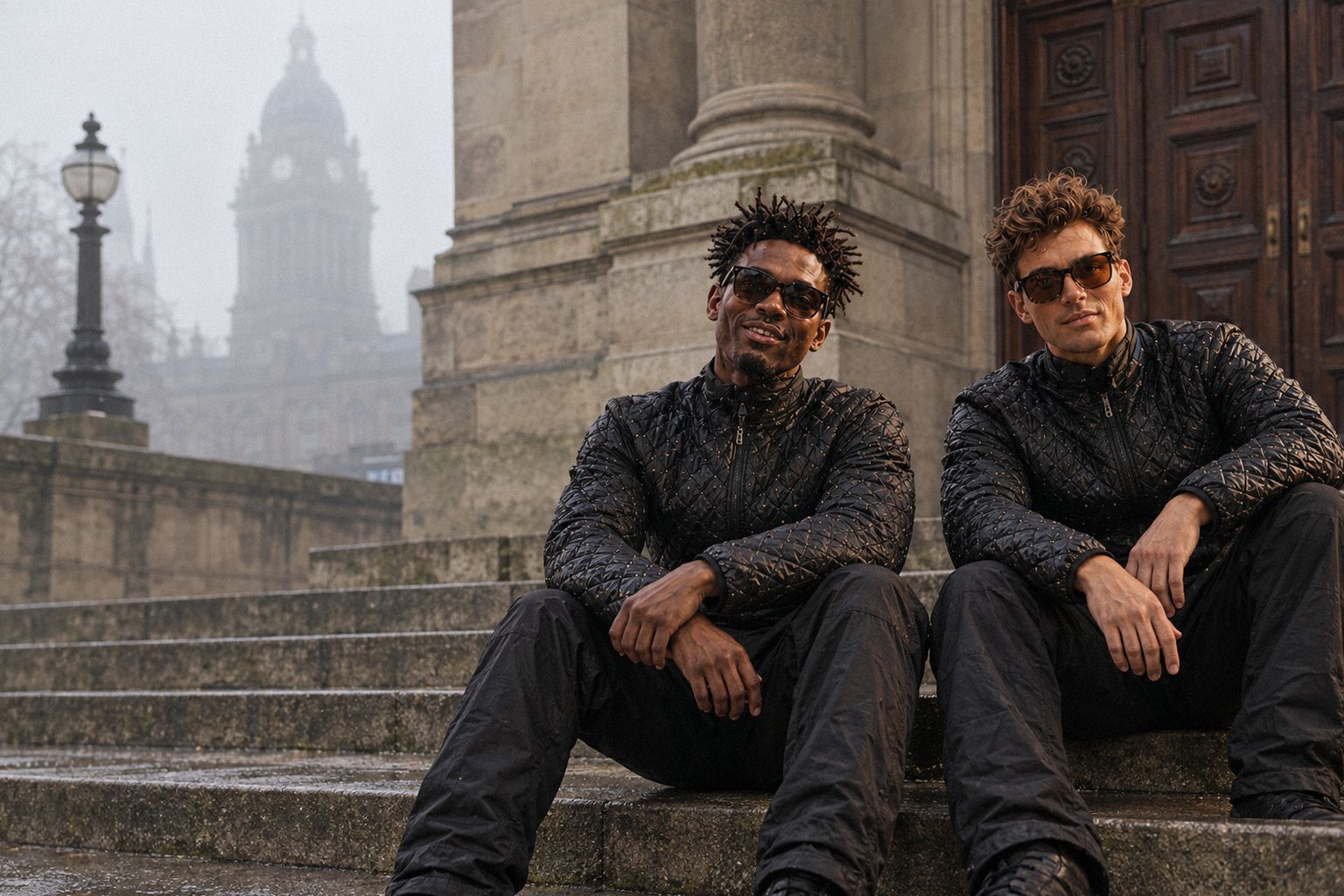 The two WolfX characters climb the steps of an old library on a misty morning.