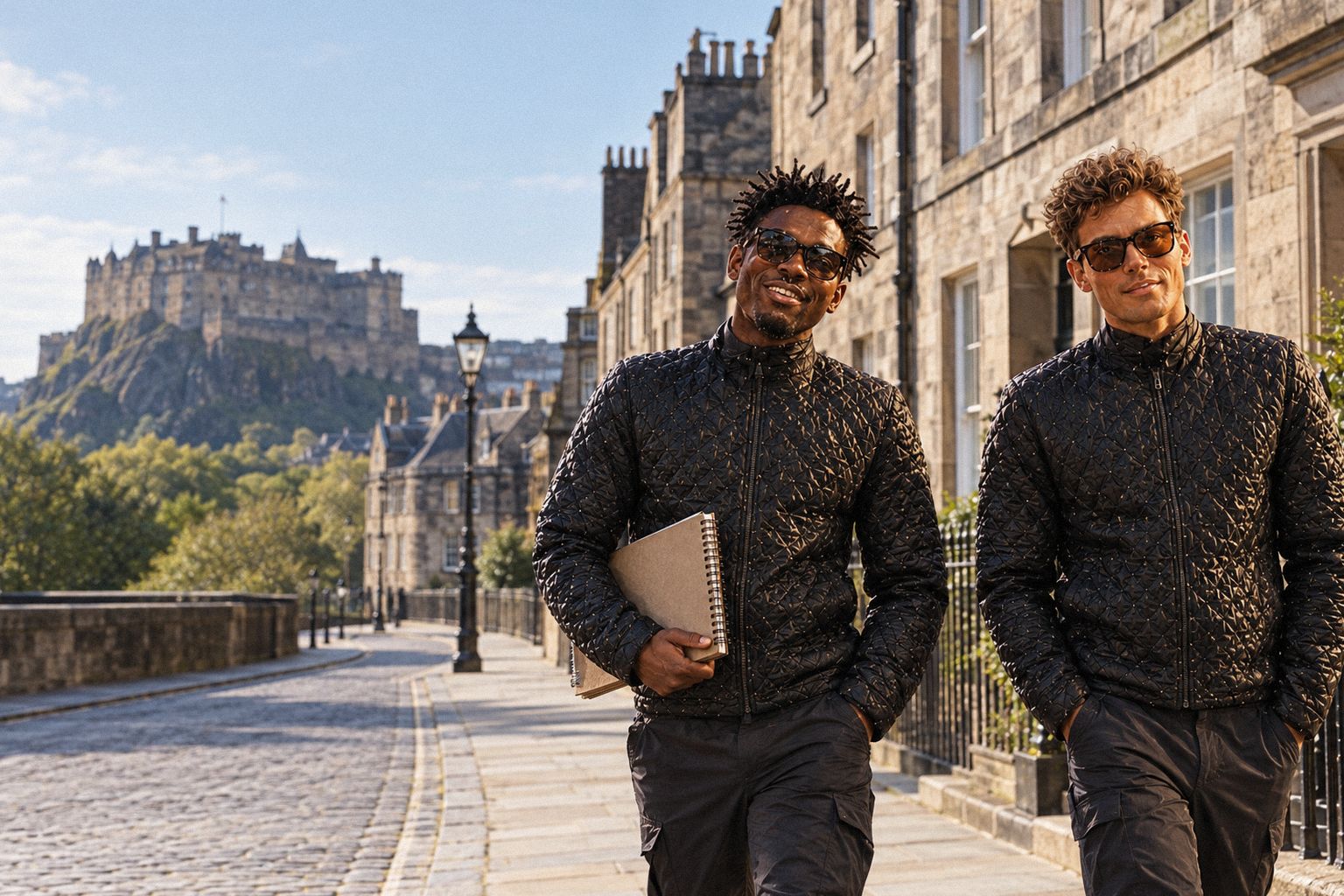 The two WolfX characters walk along a bright Georgian street in Edinburgh.