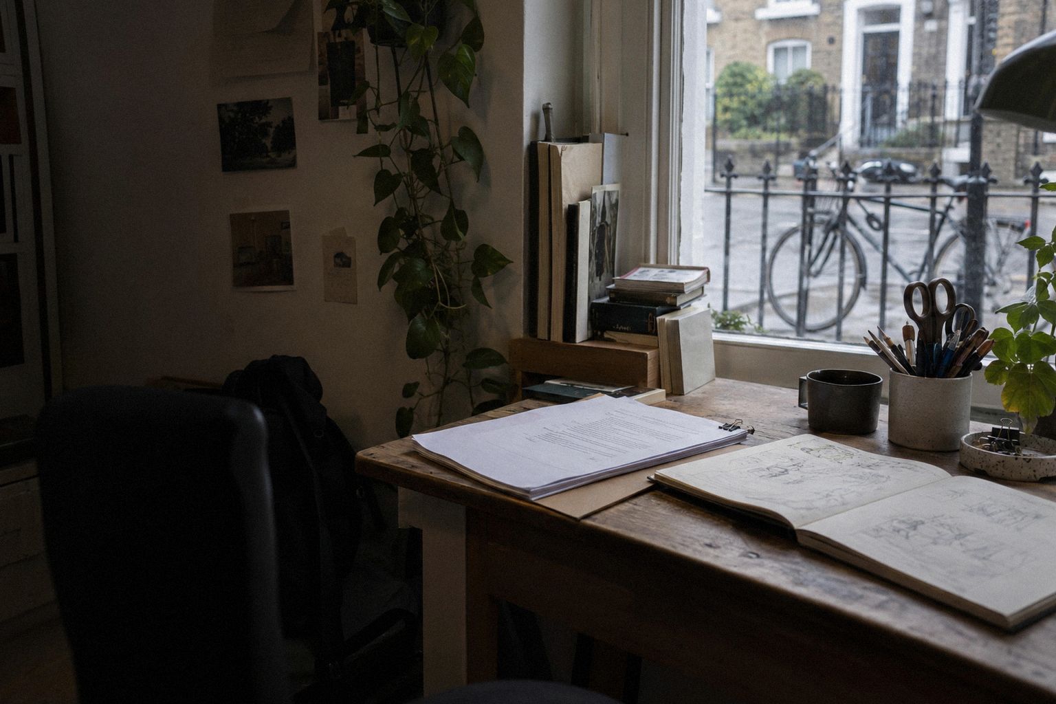 A studio desk in the morning, a new client's printed brief beside a sketchbook.