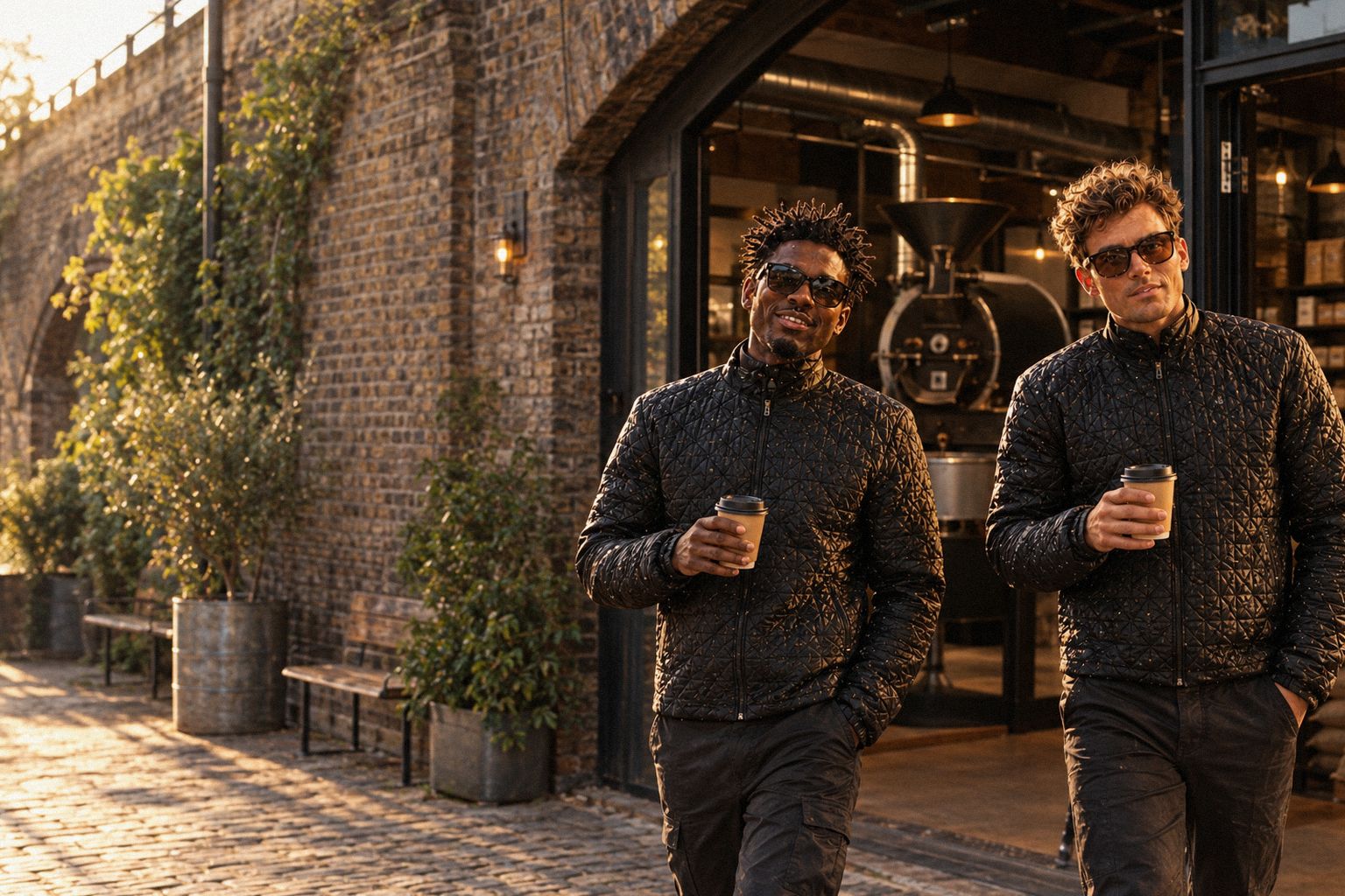 The two WolfX characters leave a coffee roastery in a railway arch.
