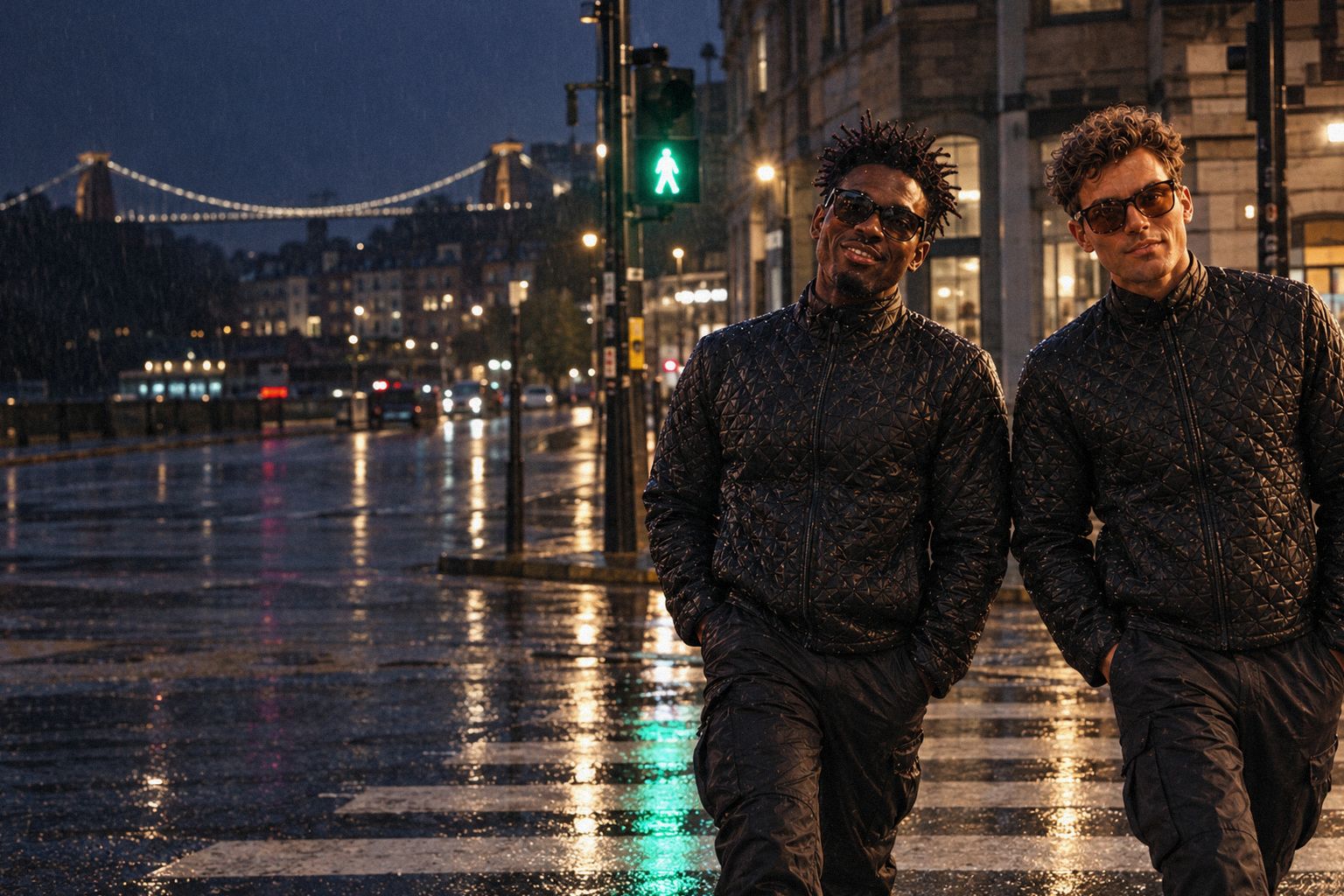 The two WolfX characters cross a rain-wet street in Bristol at night.