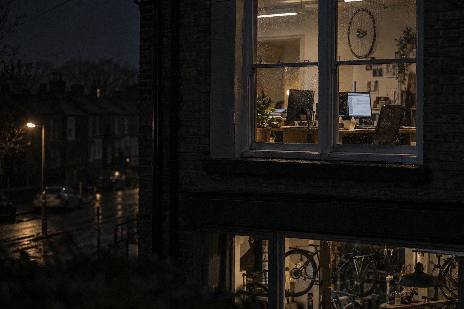 A software office above a bike shop at night, a takeaway on the desk.