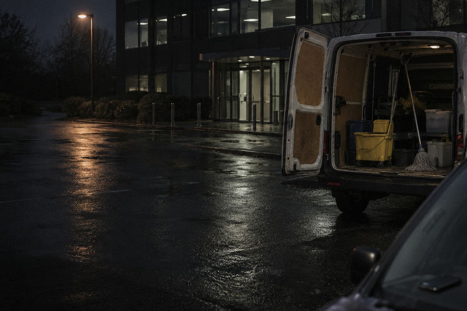 A cleaner's van outside a dark office block at 5.30am.