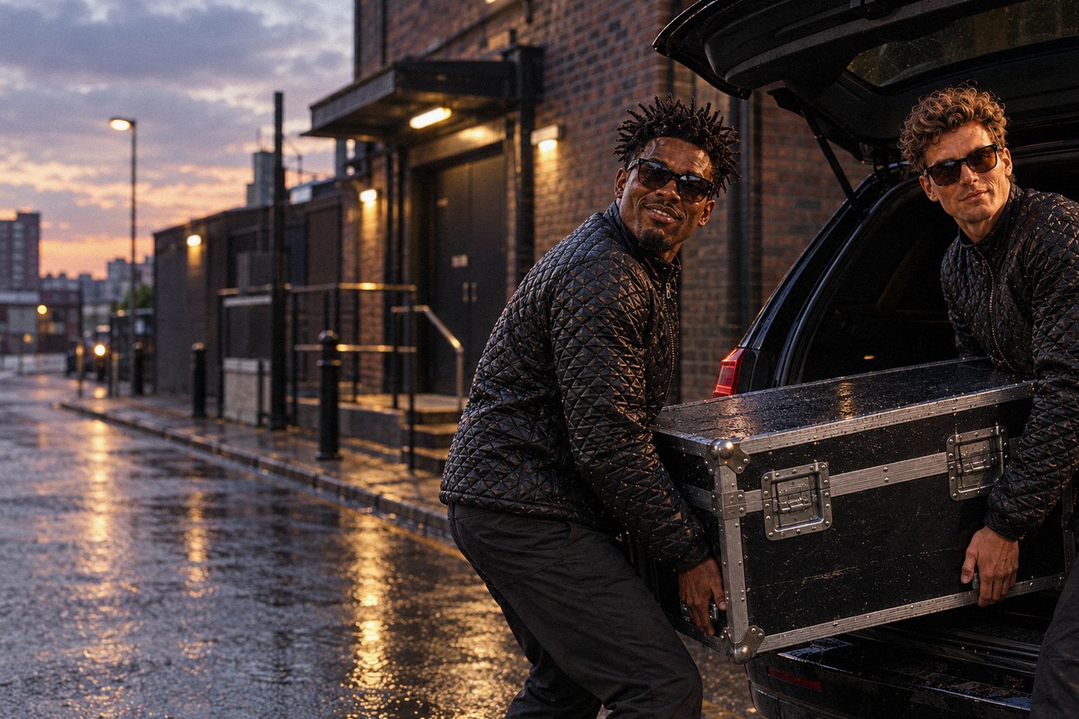 The two WolfX characters load a flight case into a car outside a venue's stage door.