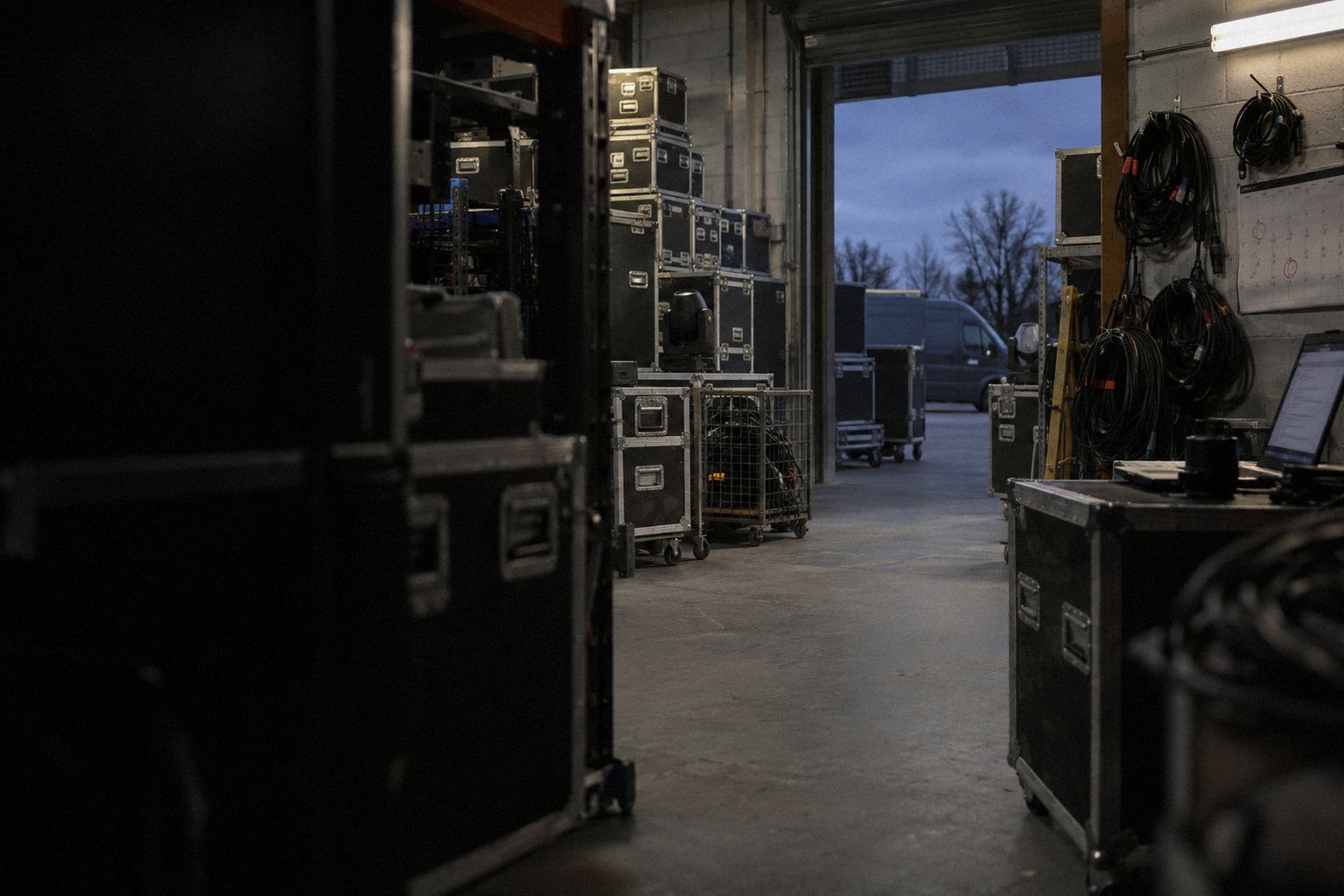 A lighting-hire warehouse at dusk, flight cases stacked to the roof.