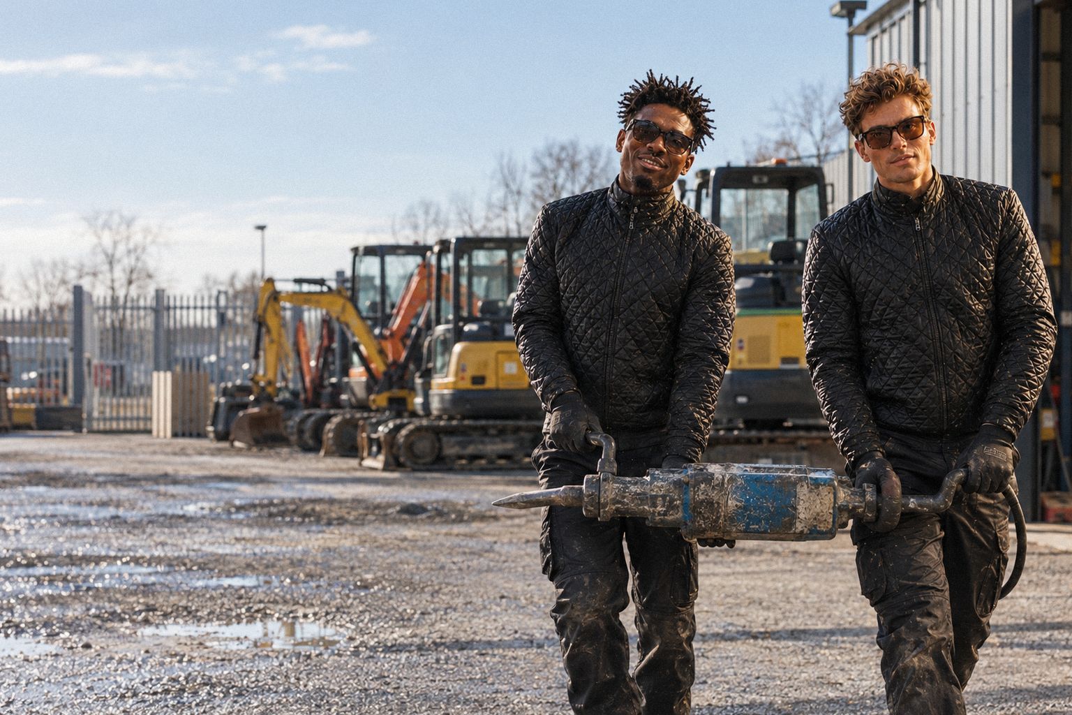 The two WolfX characters carry a hired breaker out of a tool-hire yard.