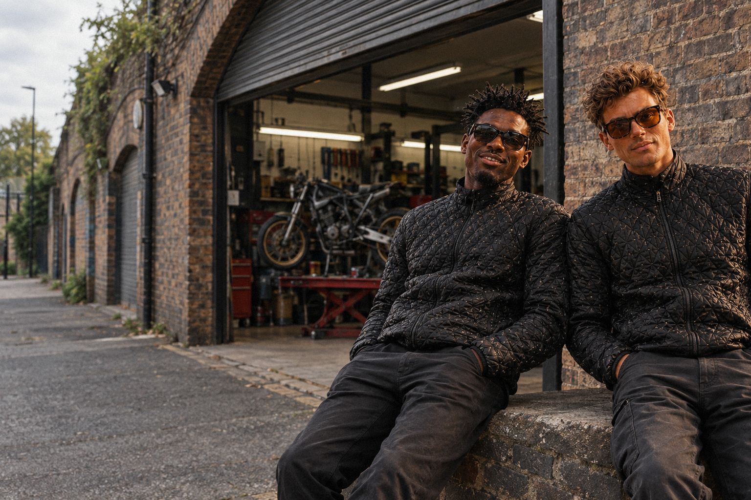 The two WolfX characters stand outside a railway-arch workshop in south London.