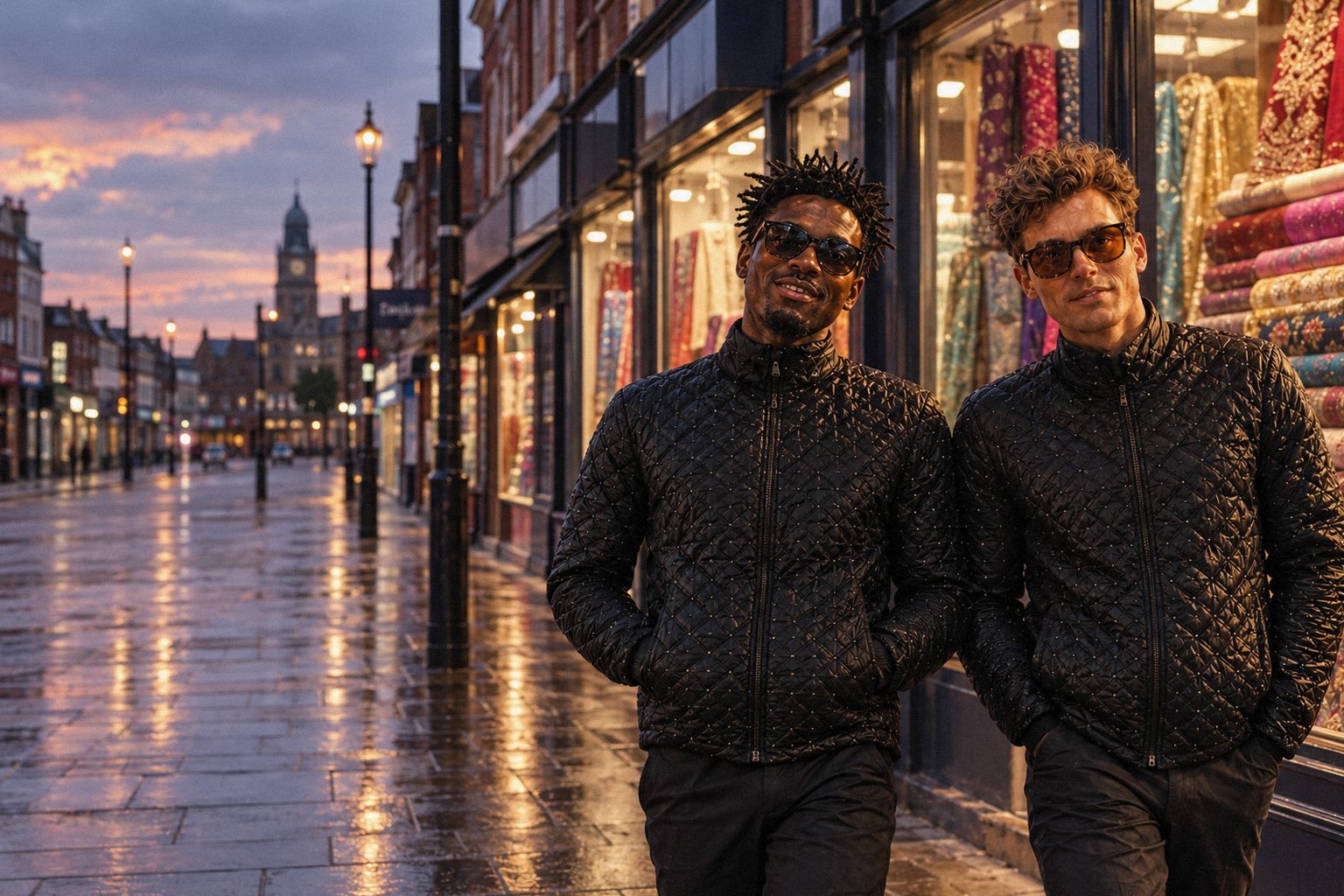 The two WolfX characters walk past textile shops on a Leicester street at dusk.