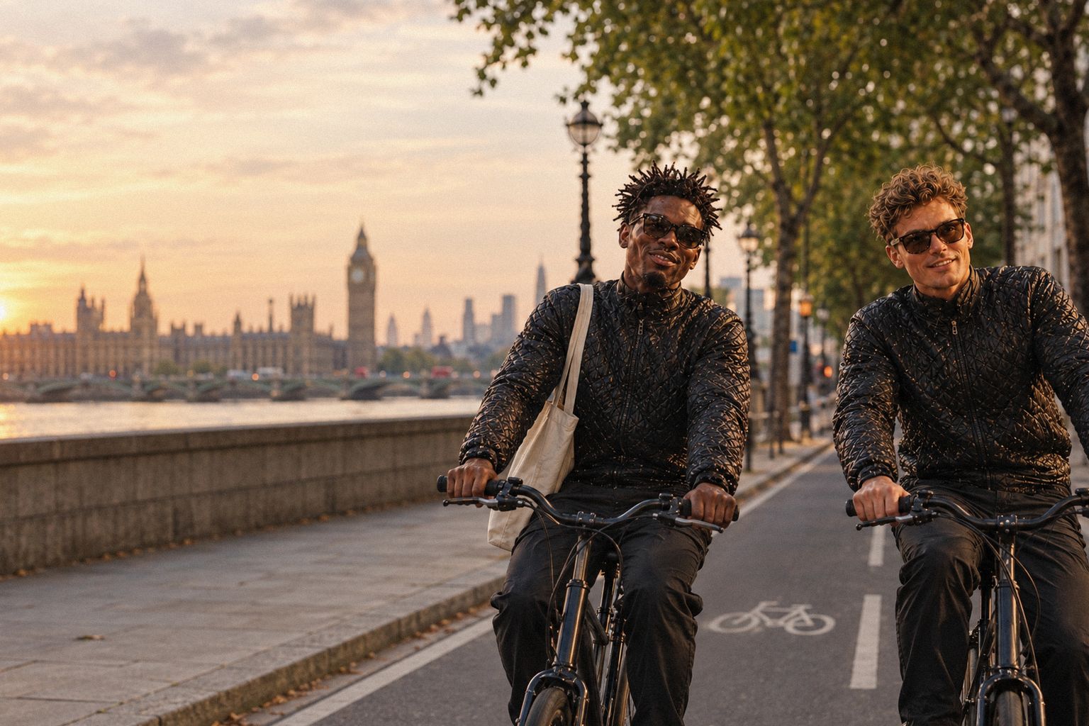 The two WolfX characters cycle side by side along a city cycle lane on a Friday evening.