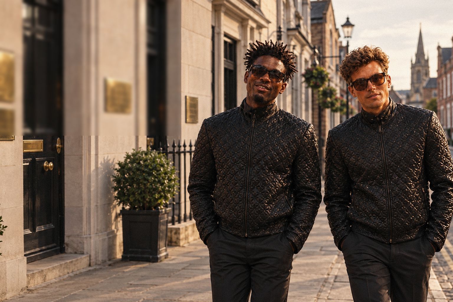 The two WolfX characters walk along a street of old offices in a market town.