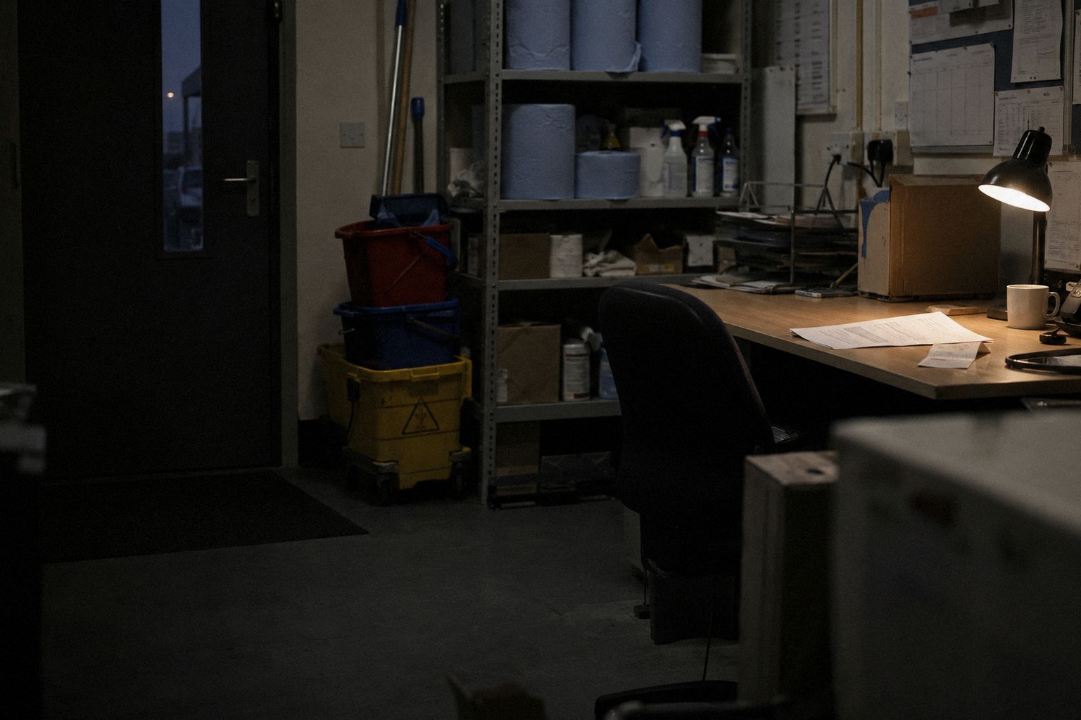 A cleaning firm's office at 9pm, a printed letter and a postage receipt on the desk.