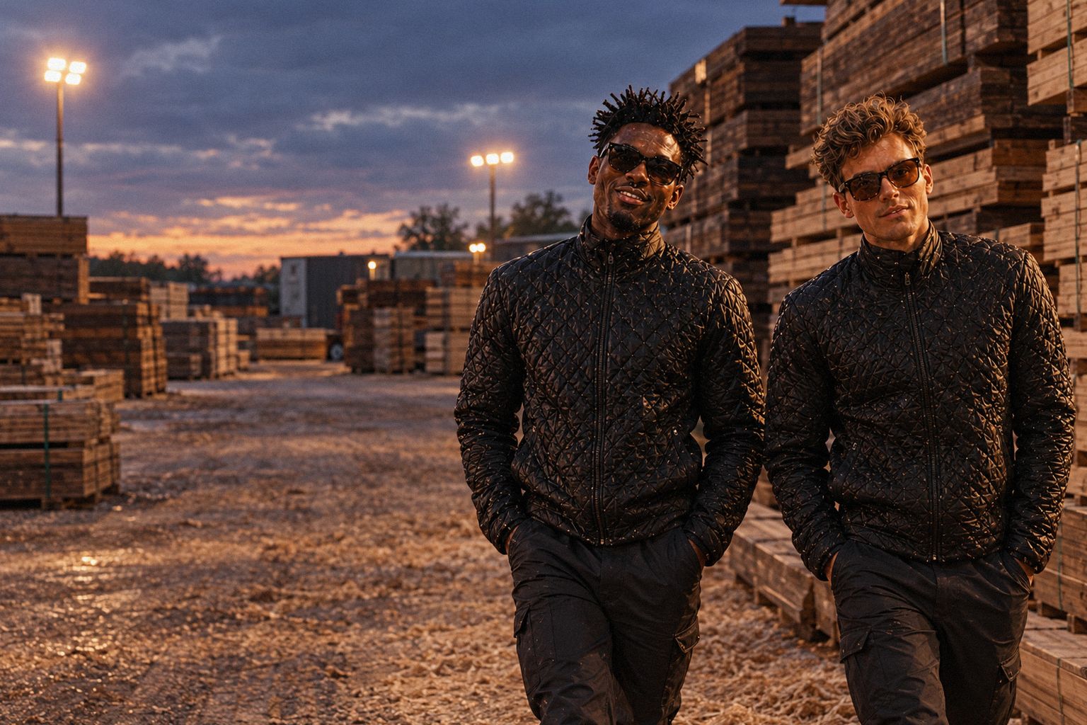 The two WolfX characters walk through a timber yard at dusk between stacked planks.